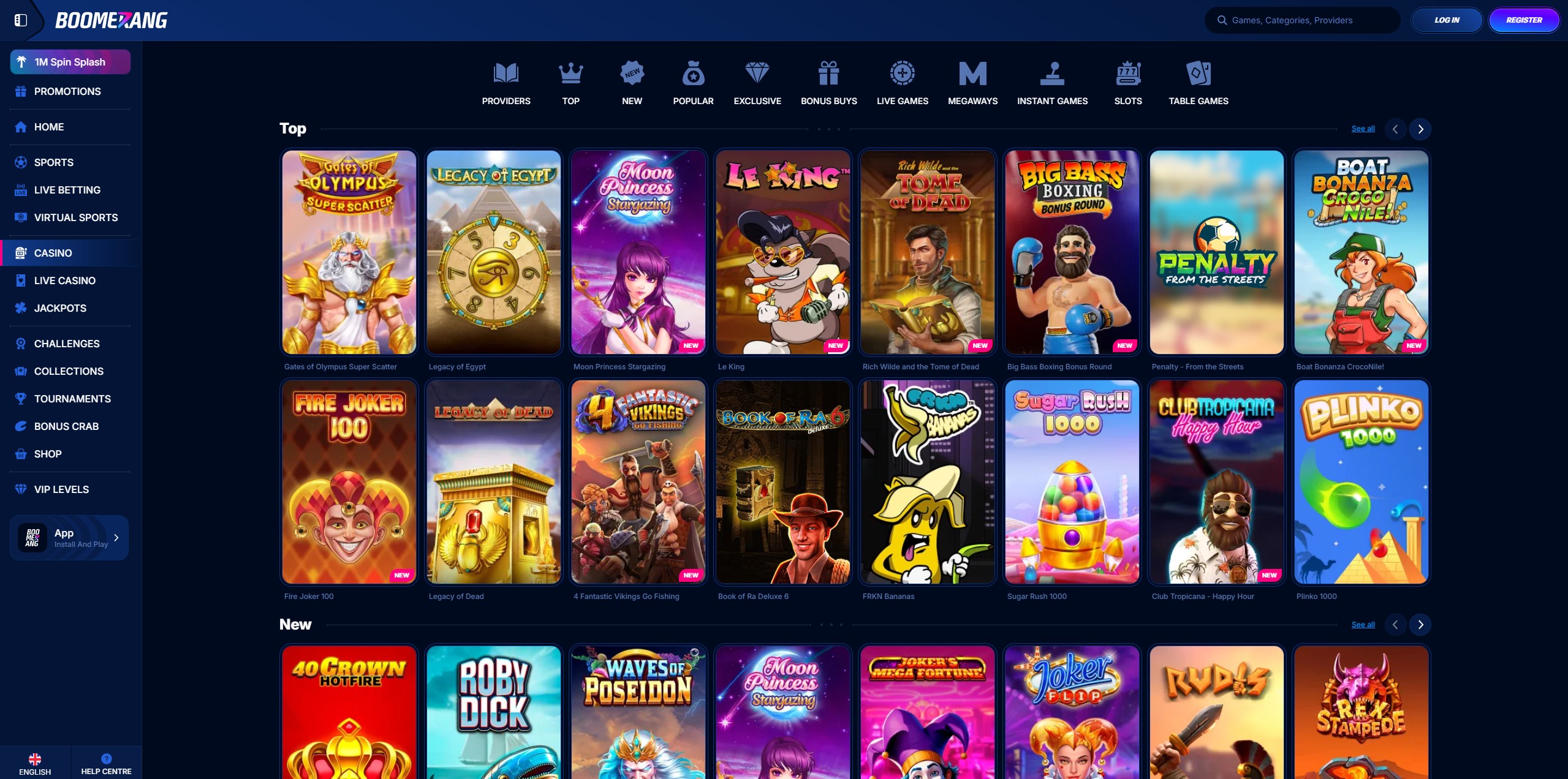 Boomerang Casino lobby with slots and live games for Ireland