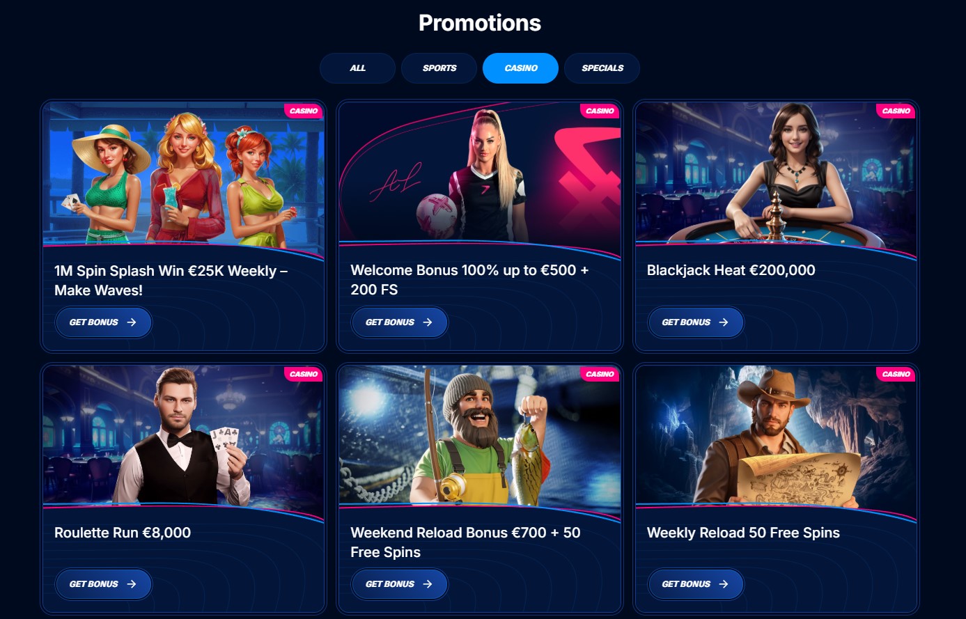 Boomerang Casino promotions dashboard showing the welcome bonus offers