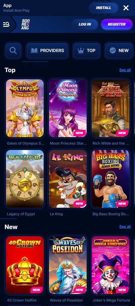 Boomerang Casino mobile app home screen on an Android phone