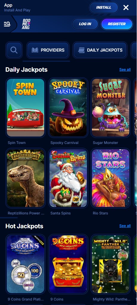 Jackpot slots selection on the Boomerang Casino mobile app