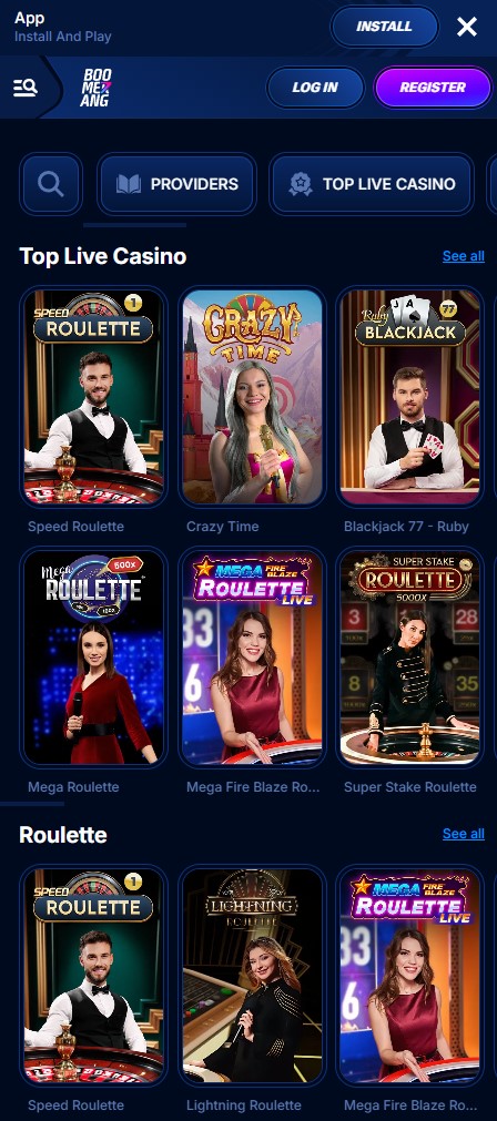 Live casino running on the Boomerang mobile app across Android and iOS devices