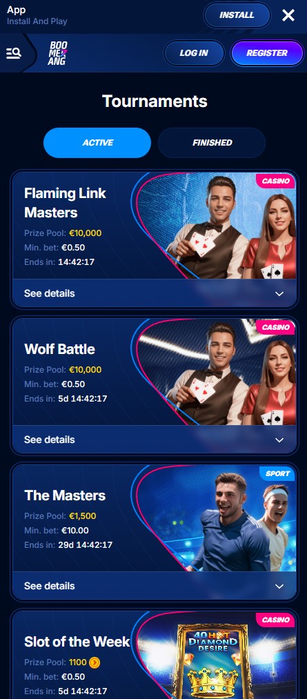 Mobile bonuses and tournaments screen in the Boomerang Casino app